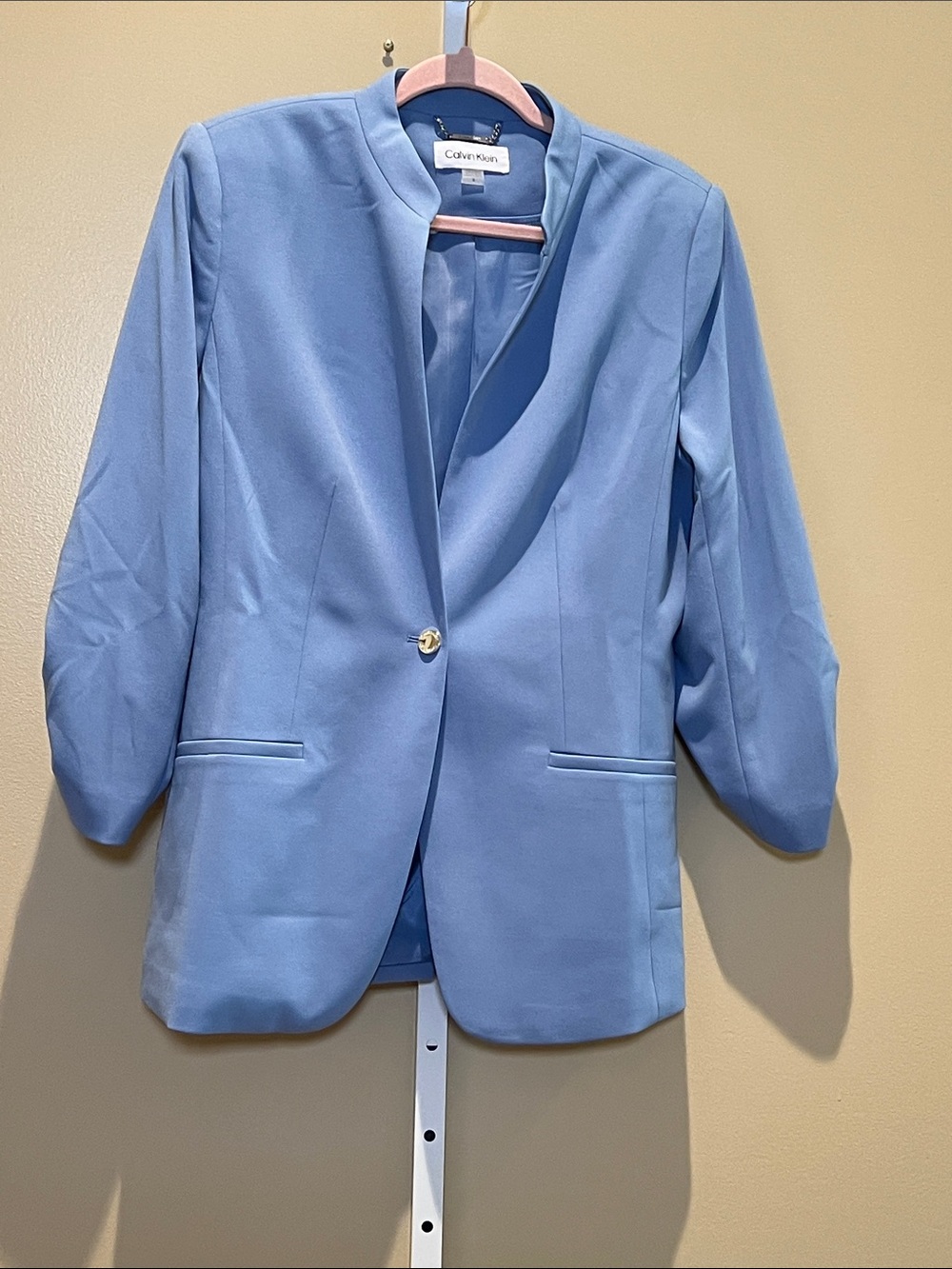 Calvin Klein Pastel Blue Single-Button Women's Blazer Gathered Sleeves